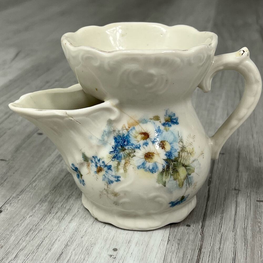 Antique Blue Floral Shaving Scuttle Mug Succulent Planter Cottagecore Decor